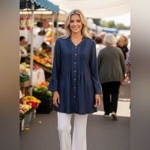 REBORN WOMENS BUTTON DOWN DISTRESSED NAVY TUNIC WITH BELL RUFFLED 3/4 SL…